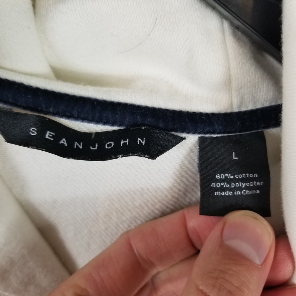 Sean John Mens Shawl‎ Collar Sweatshirt White Large Varsity Patch Pullover - Picture 6 of 7